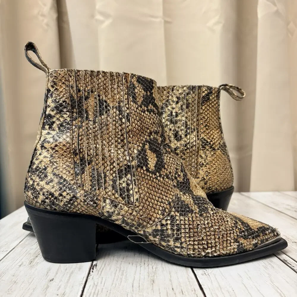 Flattered Snakeskin Boots Tan Black Python Western Ankle Booties EU 38 US 7.5